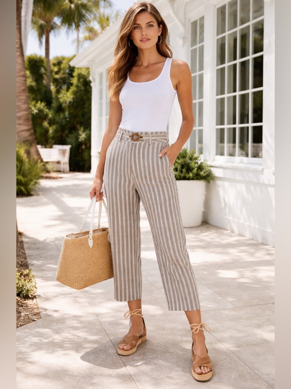 Boden Linen Striped High-Waist Crop Straight Leg Pants in Beige Blue Tan Size 6